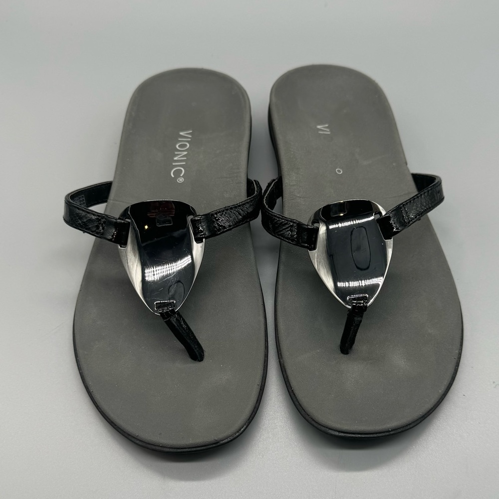 Vionic Raysa Black Silver Toe Post Thong Sandals Womans sz 6 Orig $90